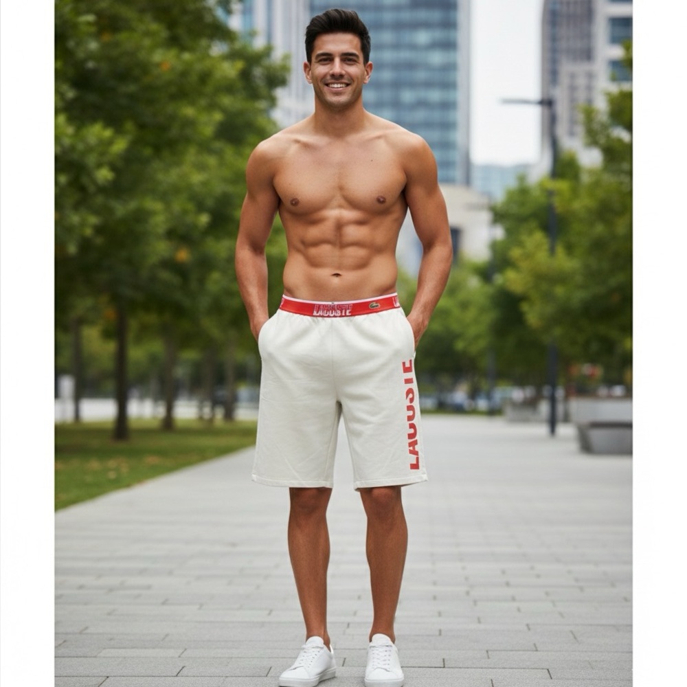 NWT Lacoste Men’s Contrast Logo Waistband  Cream/burnt Red Trim Shorts, size Med